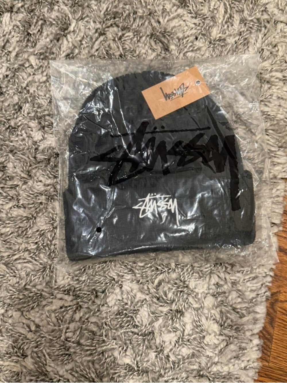 Stussy Black Beanie with White Script Logo Patch